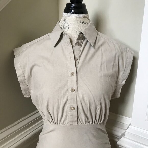Anthropologie Cap Sleeve Ruched Shirt Dress Womens Small Khaki Tan Stretch Maxi - Picture 5 of 12